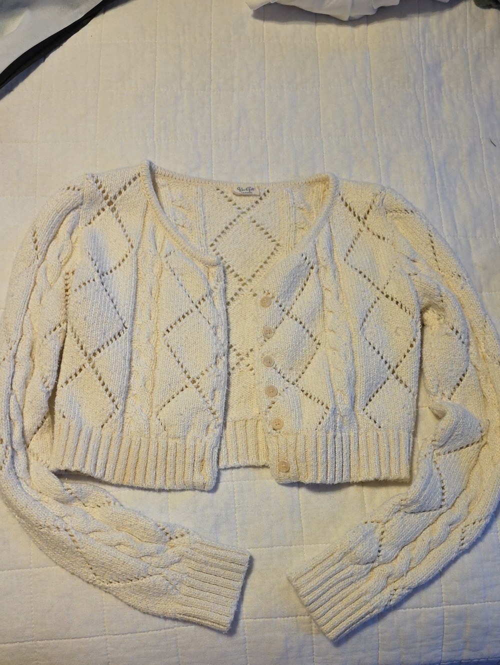 Brandy Melville Cream Cropped Cable-Knit Cardigan